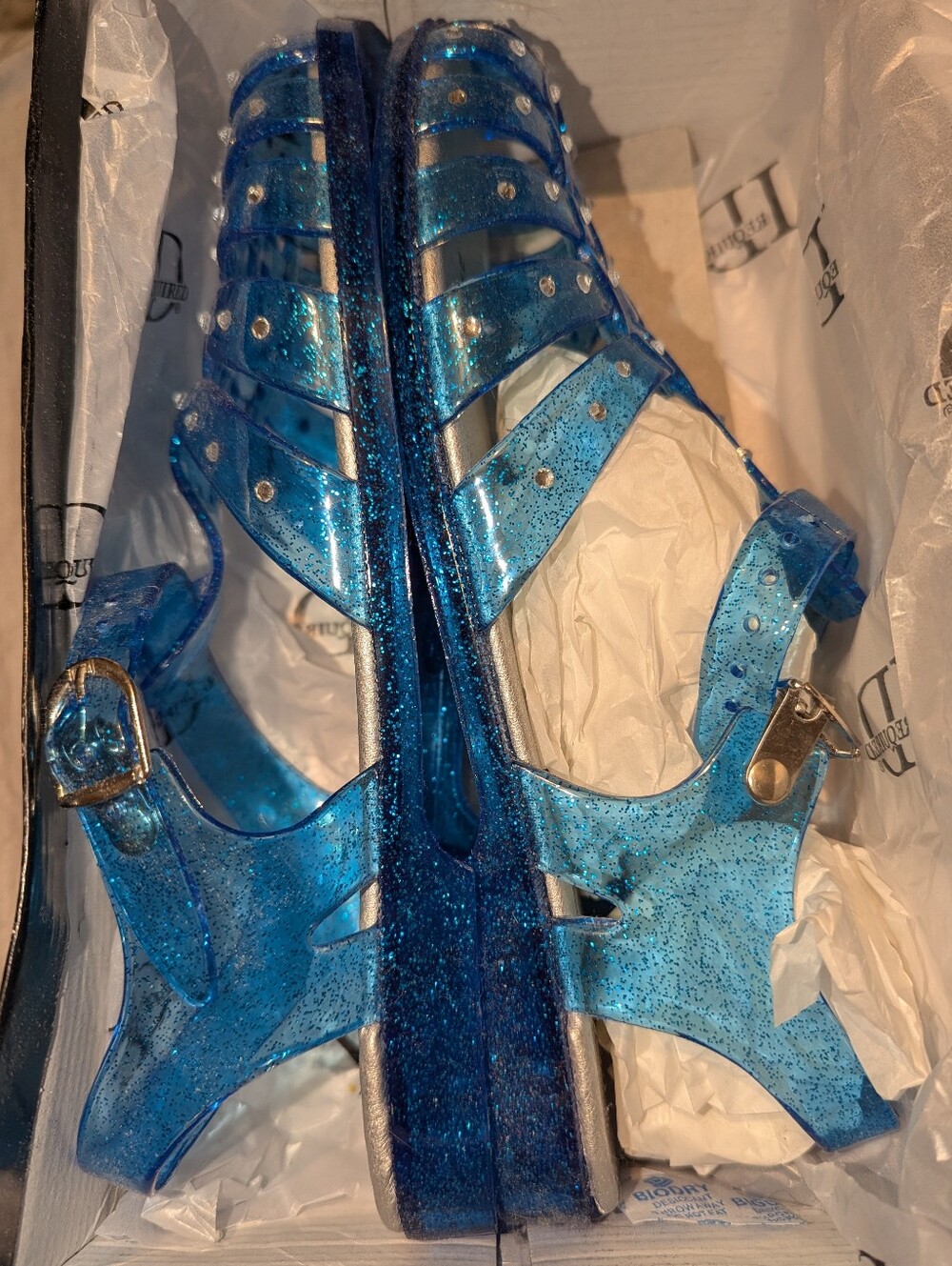 NIB BLUE GLITTER JELLY CUSHIONED SANDALS